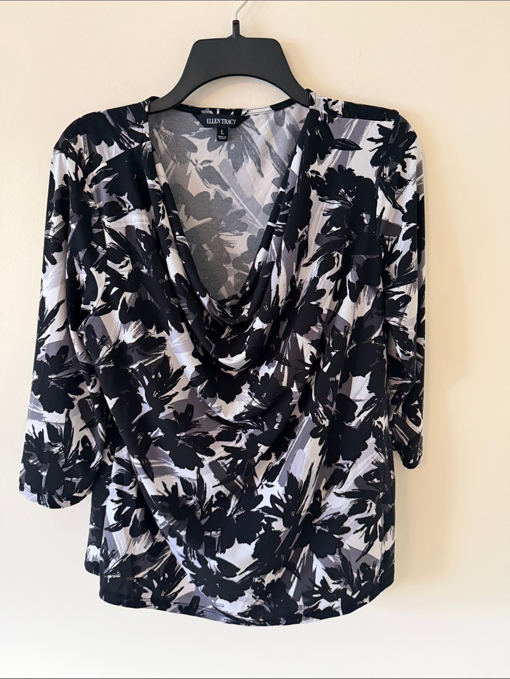 Ellen Tracy Black & White Floral Drape Neck Blouse